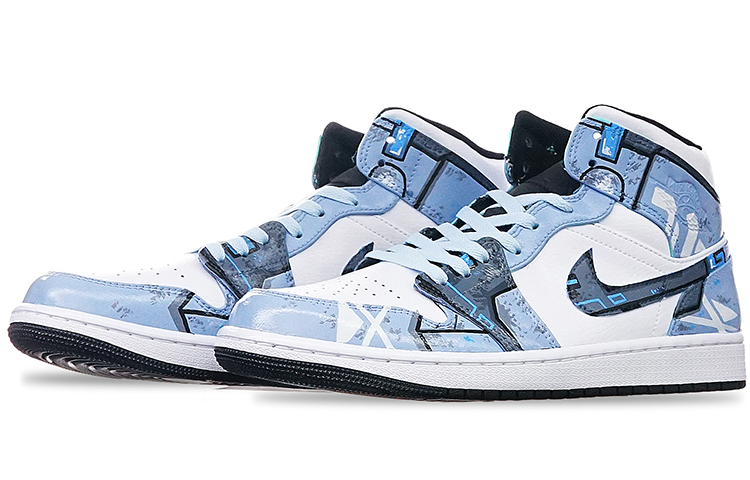 Lookbook [Sepatu Kustom] Air Jordan 1 Mid 'Cyberpunk Island Hijau' 554724-132(TeamT-男款电玩主题雾霾灰白蓝)