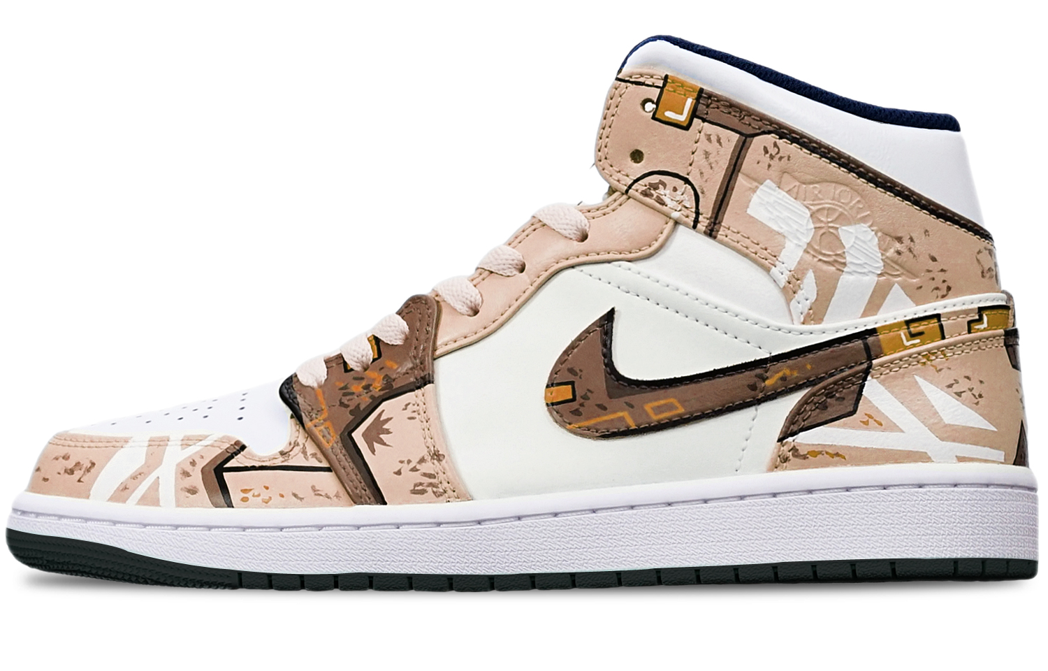 Buy [Zapatos Personalizados] Air Jordan 1 Mid 'Cyberpunk Caqui-Blanco' 554724-075(TeamT-黑底战损卡其白S-BOX)