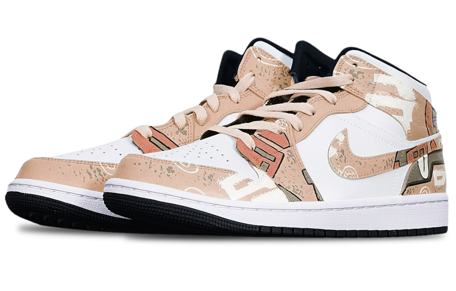 Shop [Sepatu Kustom] Air Jordan 1 Mid 'Cyberpunk Khaki-Putih' 554725-075(TeamT-战损II卡其女S-BOX)