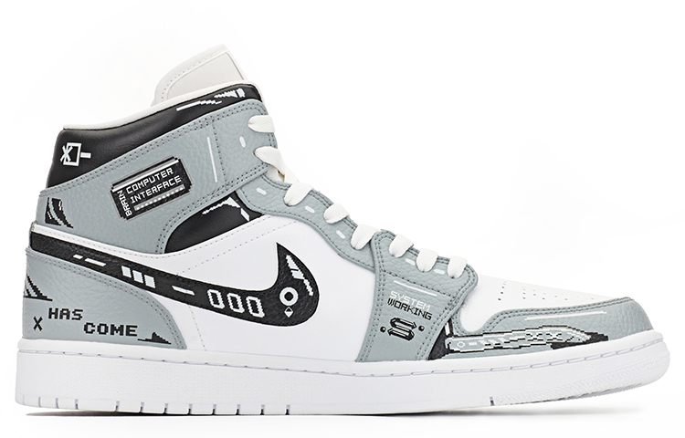 Order 【訂製球鞋】 Jordan Air Jordan 1 Mid 賽博朋克 機能 頭號玩家 遊戲像素 電玩 中幫 復古籃球鞋 男款 白灰