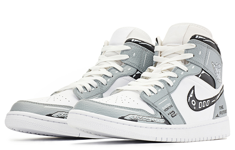 Lookbook 【訂製球鞋】 Jordan Air Jordan 1 Mid 賽博朋克 機能 頭號玩家 遊戲像素 電玩 中幫 復古籃球鞋 男款 白灰