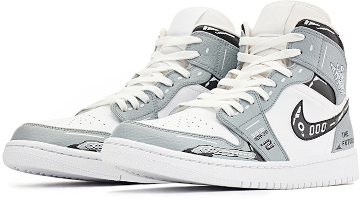 【訂製球鞋】 Jordan Air Jordan 1 Mid 賽博朋克 機能 頭號玩家 遊戲像素 電玩 中幫 復古籃球鞋 男款 白灰 Lookbook 【訂製球鞋】 Jordan Air Jordan 1 Mid 賽博朋克 機能 頭號玩家 遊戲像素 電玩 中幫 復古籃球鞋 男款 白灰