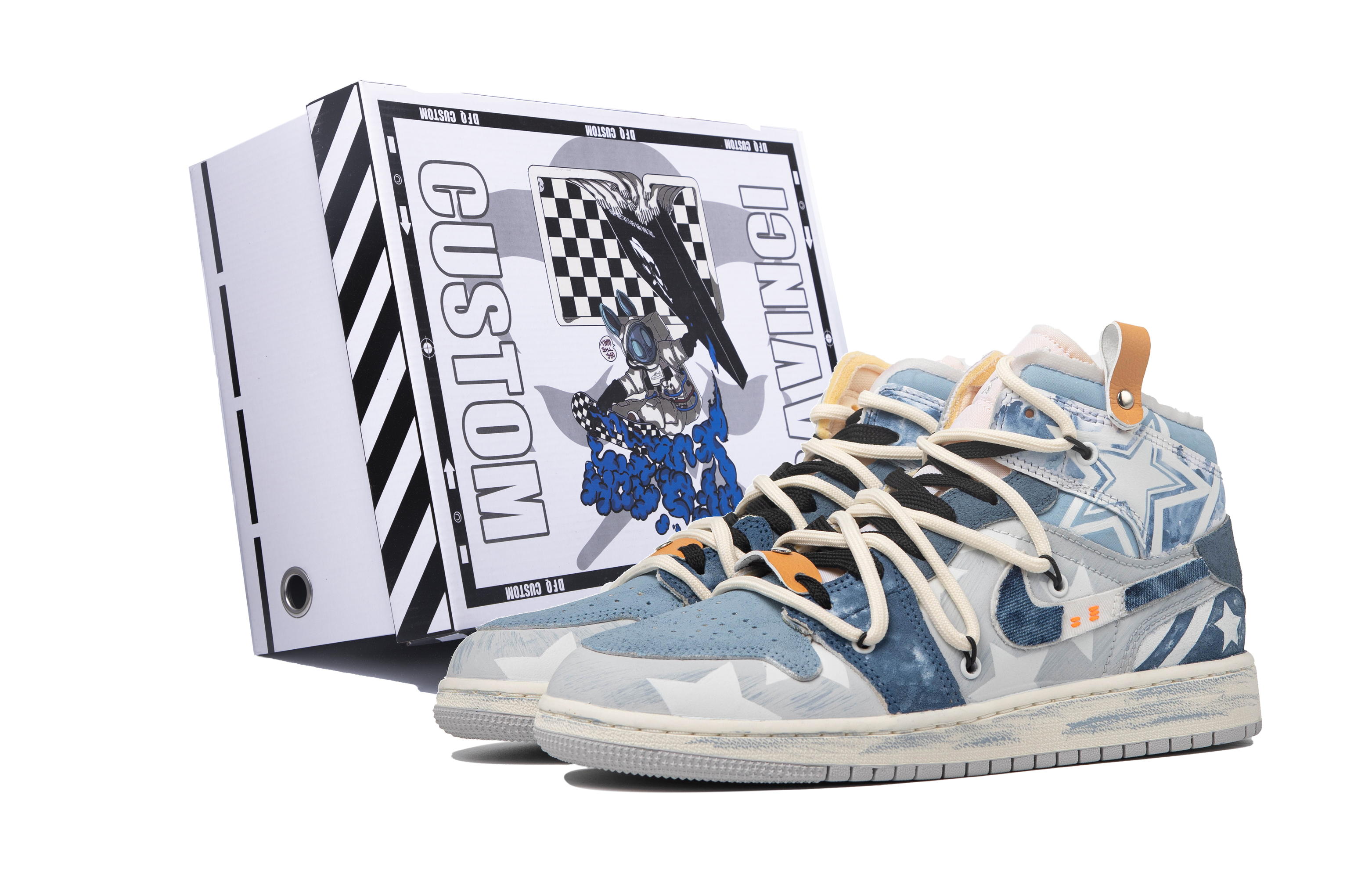 Buy 【定制球鞋】 Jordan Air Jordan 1 Mid 達芬奇定制 眾星璀璨 牛仔 星星復 高幫 復古籃球鞋 GS 藍白