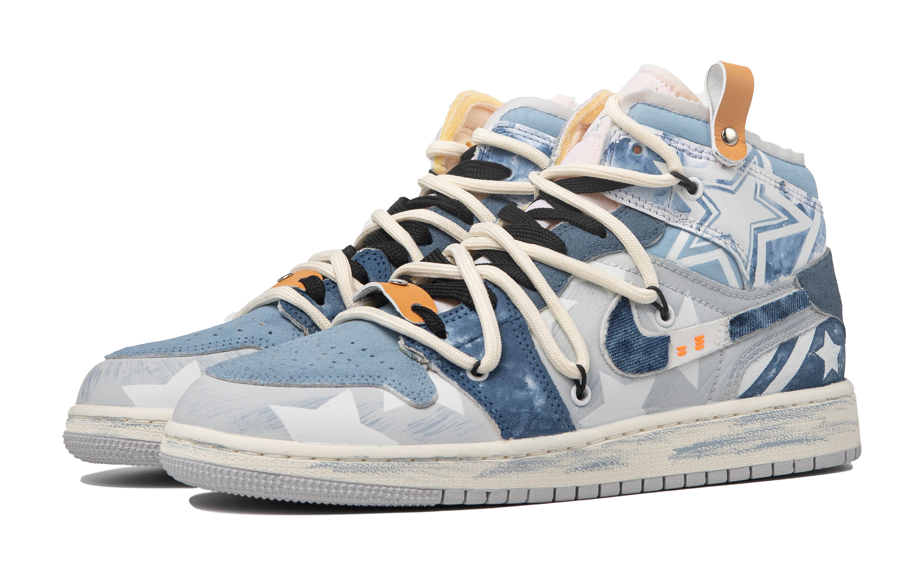 Shop 【定制球鞋】 Jordan Air Jordan 1 Mid 達芬奇定制 眾星璀璨 牛仔 星星復 高幫 復古籃球鞋 GS 藍白