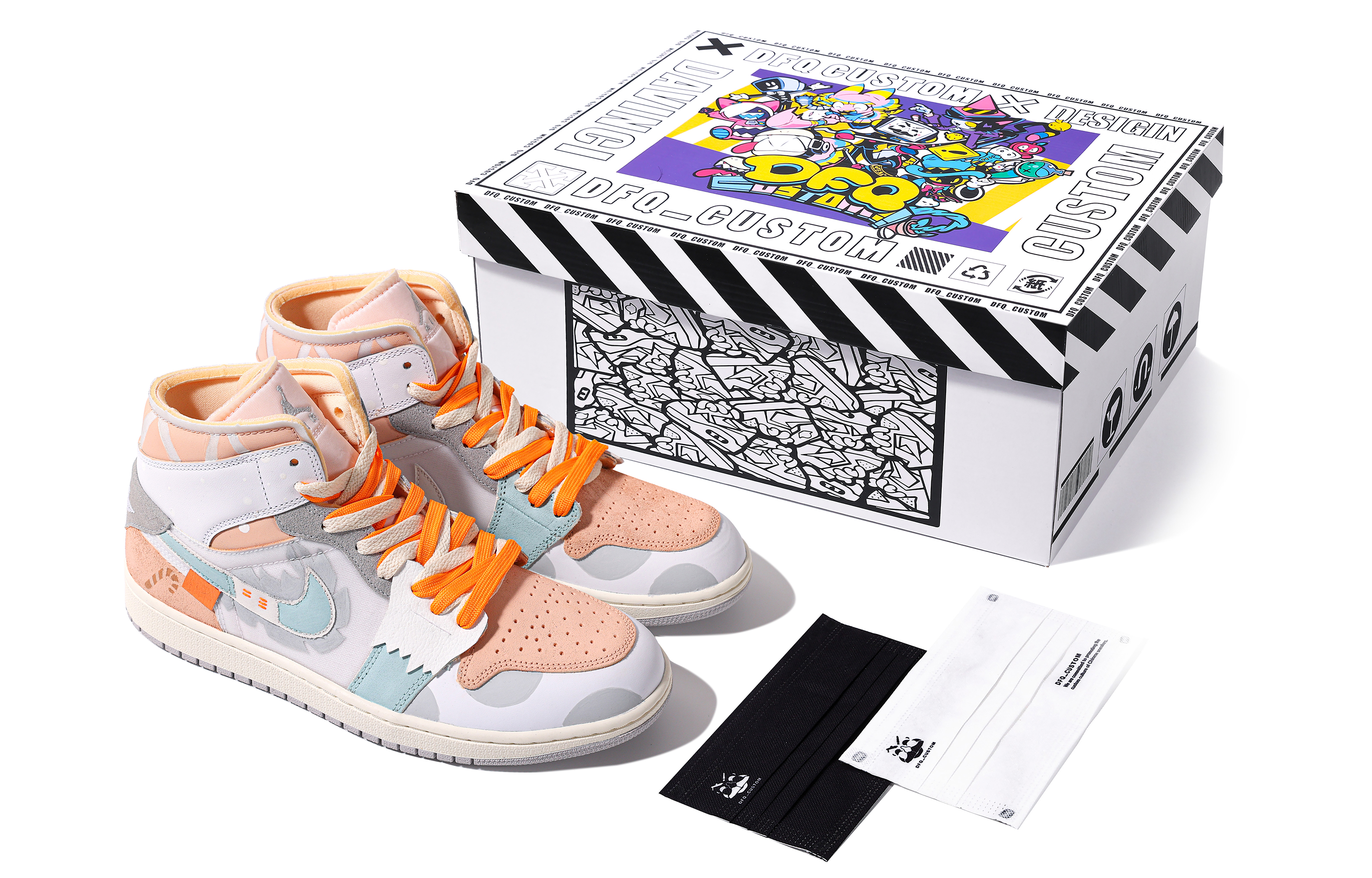 Sizing [Sepatu Custom] Air Jordan 1 Mid 'Da Vinci Graffiti Biru Oranye' DM9652-100(TeamM-男款诞愿S-BOX)
