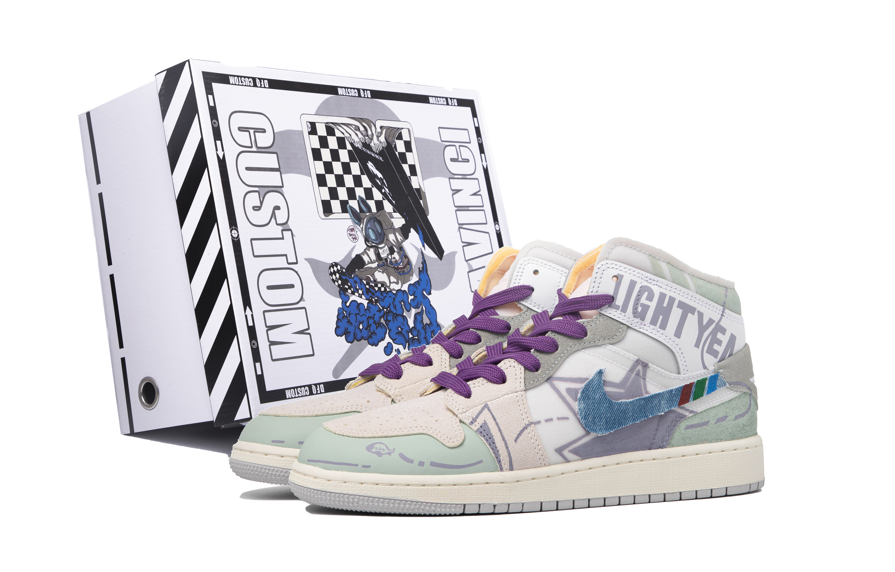 Buy [Kasut Custom] Air Jordan 1 Mid 'Da Vinci Putih Denim Ungu Hijau' DQ3726-100(TeamM-女款白日奇想S-BOX)