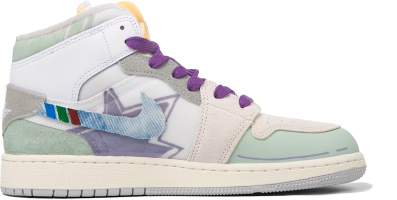 【定制球鞋】Jordan Air Jordan 1 Mid 達芬奇定制 特殊鞋盒 白日奇想 撞色 牛仔 中幫 復古籃球鞋 GS 紫綠 Lookbook 【定制球鞋】Jordan Air Jordan 1 Mid 達芬奇定制 特殊鞋盒 白日奇想 撞色 牛仔 中幫 復古籃球鞋 GS 紫綠