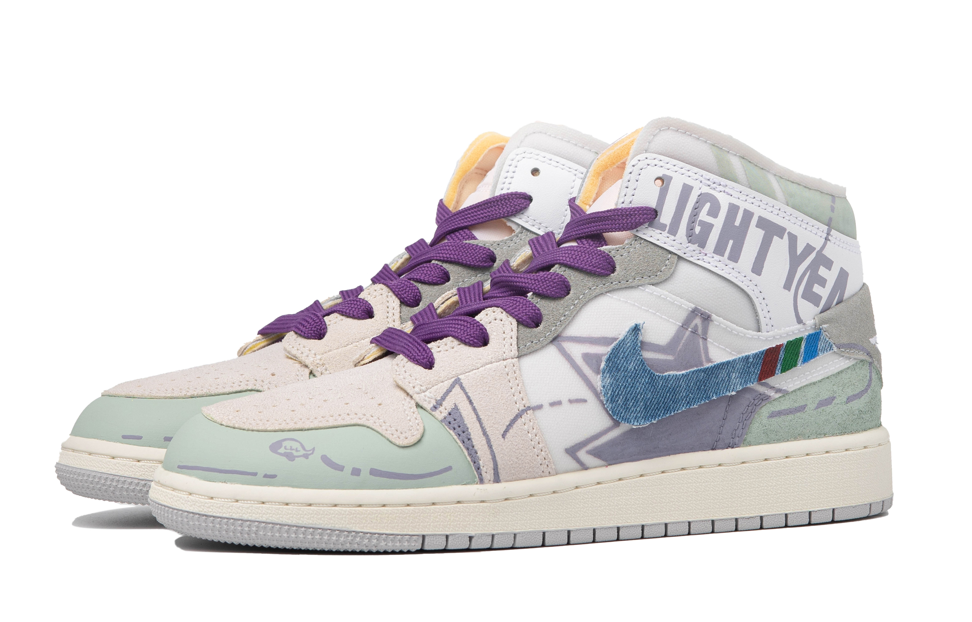 Shop [Kasut Custom] Air Jordan 1 Mid 'Da Vinci Putih Denim Ungu Hijau' DQ3726-100(TeamM-女款白日奇想S-BOX)