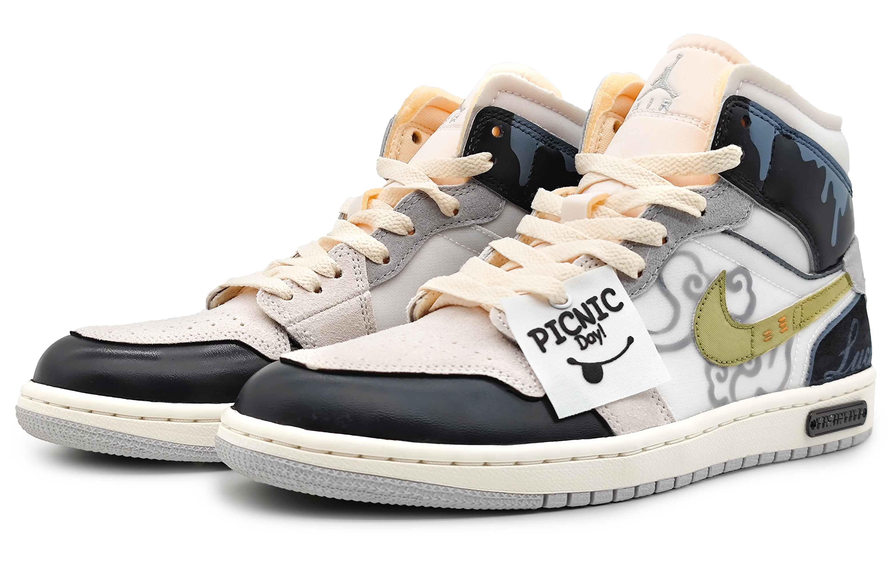 Lookbook 【訂製籃球鞋】 Jordan Air Jordan 1 Mid 暗黑流雲 復古色彩 祥雲圖騰 拼接色塊 中筒 復古籃球鞋 男款 黑