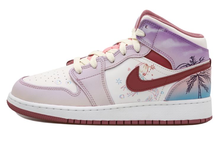 Order [Sepatu Kustom] Air Jordan 1 Mid 'Fireworks Gradient Fade Palm Tree Dilukis Tangan' DQ8423-616(Team拾玖-烟花椰树S-BOX)