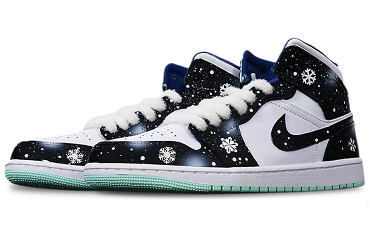 Shop 에어 조던 1 미드 '눈꽃 크리스마스' (블랙/화이트) 554724-413(TeamT-圣诞黑白雪花S-BOX)