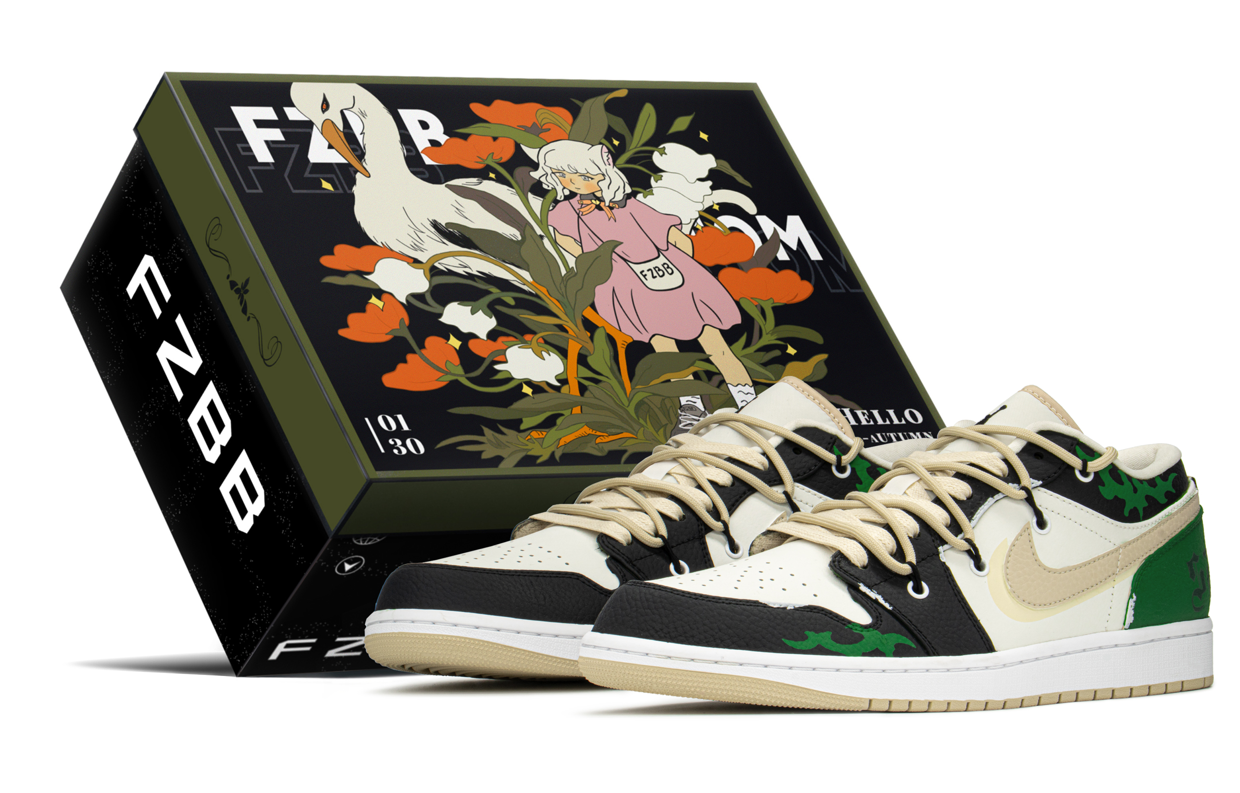 Buy [Sepatu Custom] Air Jordan 1 Mid 'Gothic Street Vibe Hitam Putih Hijau' FB7168-121(TeamA-AJ男街头哥特S-BOX)