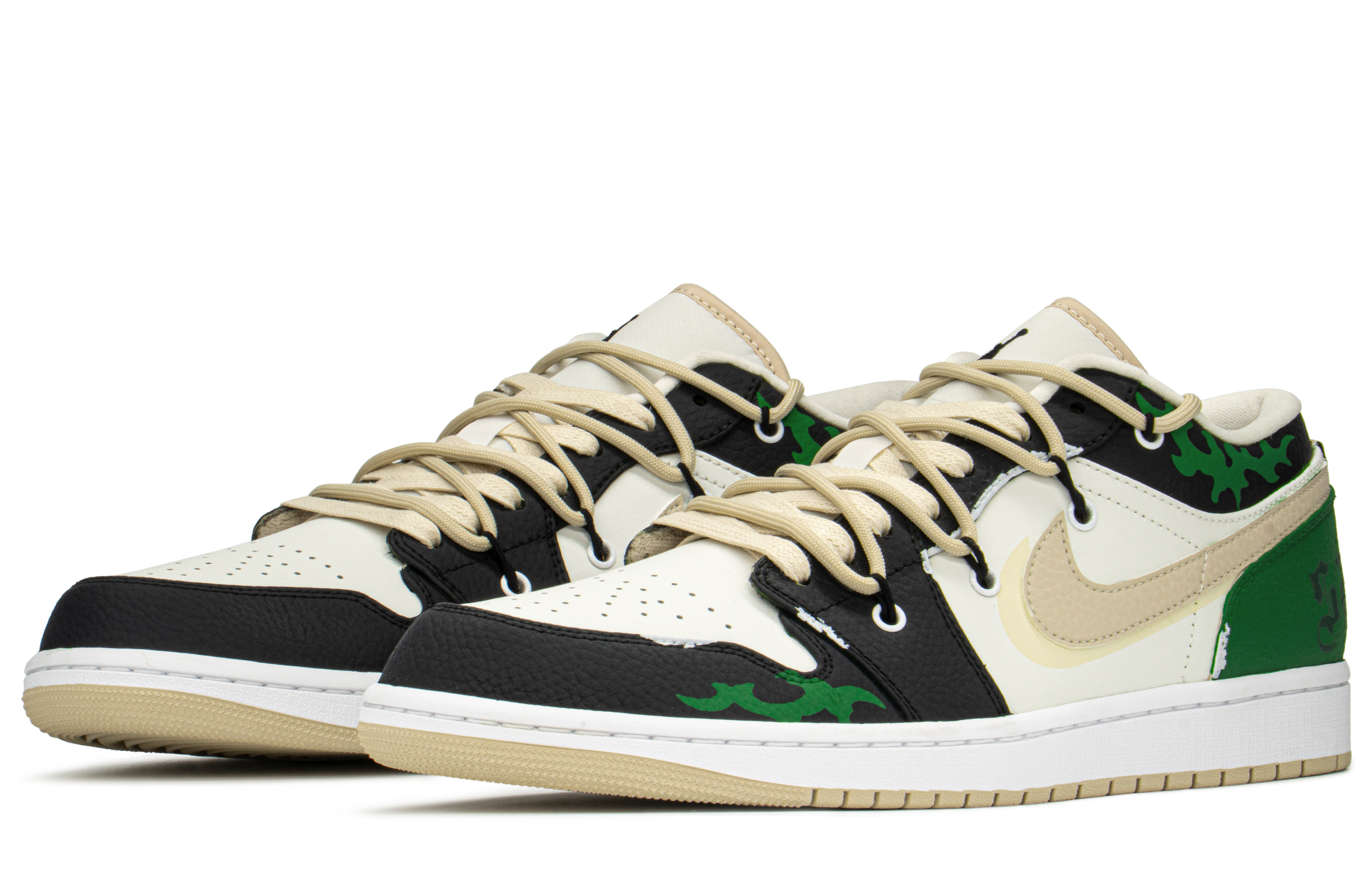 Shop [Sepatu Custom] Air Jordan 1 Mid 'Gothic Street Vibe Hitam Putih Hijau' FB7168-121(TeamA-AJ男街头哥特S-BOX)