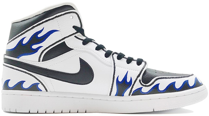 【訂製球鞋】 Jordan Air Jordan 1 Mid 白色 漸變火焰 手繪彩繪 中幫 復古籃球鞋 男款 白藍黑 Order 【訂製球鞋】 Jordan Air Jordan 1 Mid 白色 漸變火焰 手繪彩繪 中幫 復古籃球鞋 男款 白藍黑