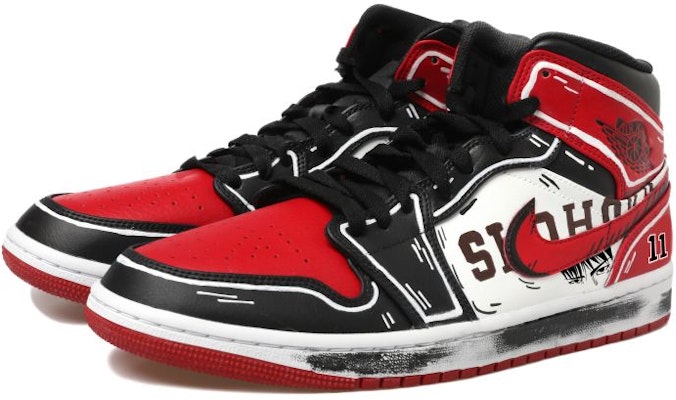 【定製球鞋】Jordan Air Jordan 1 Mid OKHR 熱血青春系列 塗鴉 動漫 11號 低幫 復古籃球鞋 男款 黑紅 Shop 【定製球鞋】Jordan Air Jordan 1 Mid OKHR 熱血青春系列 塗鴉 動漫 11號 低幫 復古籃球鞋 男款 黑紅