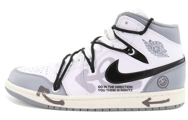 Buy 【訂製球鞋】 Jordan Air Jordan 1 Mid 潮流塗鴉 方向感 人生牽引 氧化中底 潮流 防滑耐磨 中幫 復古籃球鞋 男款 白灰