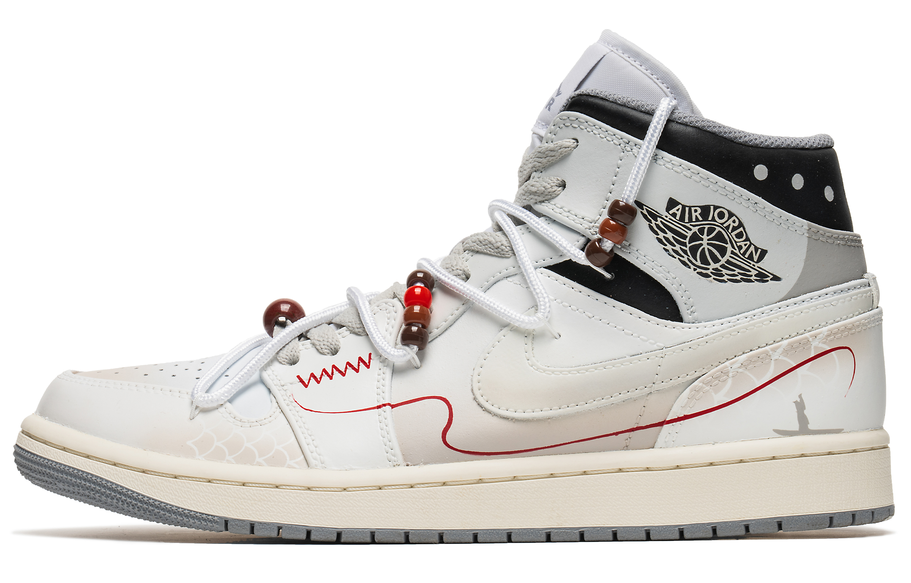Buy 【客製球鞋】Jordan Air Jordan 1 Mid 紅線 新中式 鱗紋 特殊配飾 中筒 復古籃球鞋 男款 灰白
