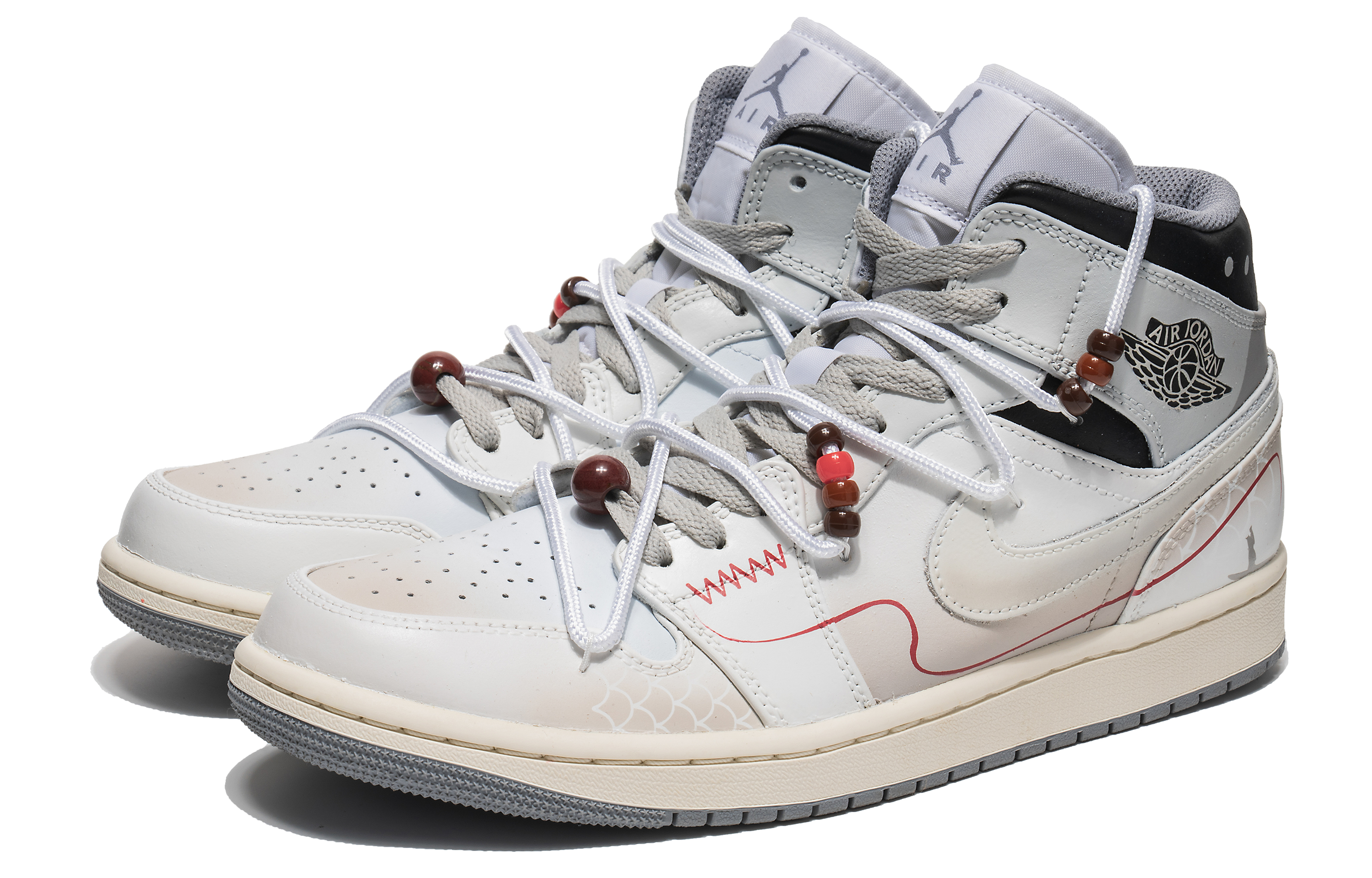 Lookbook 【客製球鞋】Jordan Air Jordan 1 Mid 紅線 新中式 鱗紋 特殊配飾 中筒 復古籃球鞋 男款 灰白