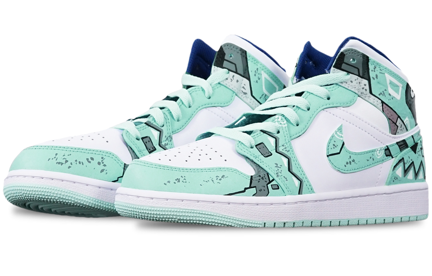 Lookbook [Kasut Custom] Air Jordan 1 Mid 'Gundam Cyberpunk Hijau Putih' 554725-413(TeamT-三角绿白女S-BOX)