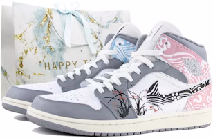 【定制球鞋】Jordan Air Jordan 1 Mid 手繪蘭花 雲錦 中國風 鴛鴦 中幫 復古籃球鞋 男款 灰白 Buy 【定制球鞋】Jordan Air Jordan 1 Mid 手繪蘭花 雲錦 中國風 鴛鴦 中幫 復古籃球鞋 男款 灰白