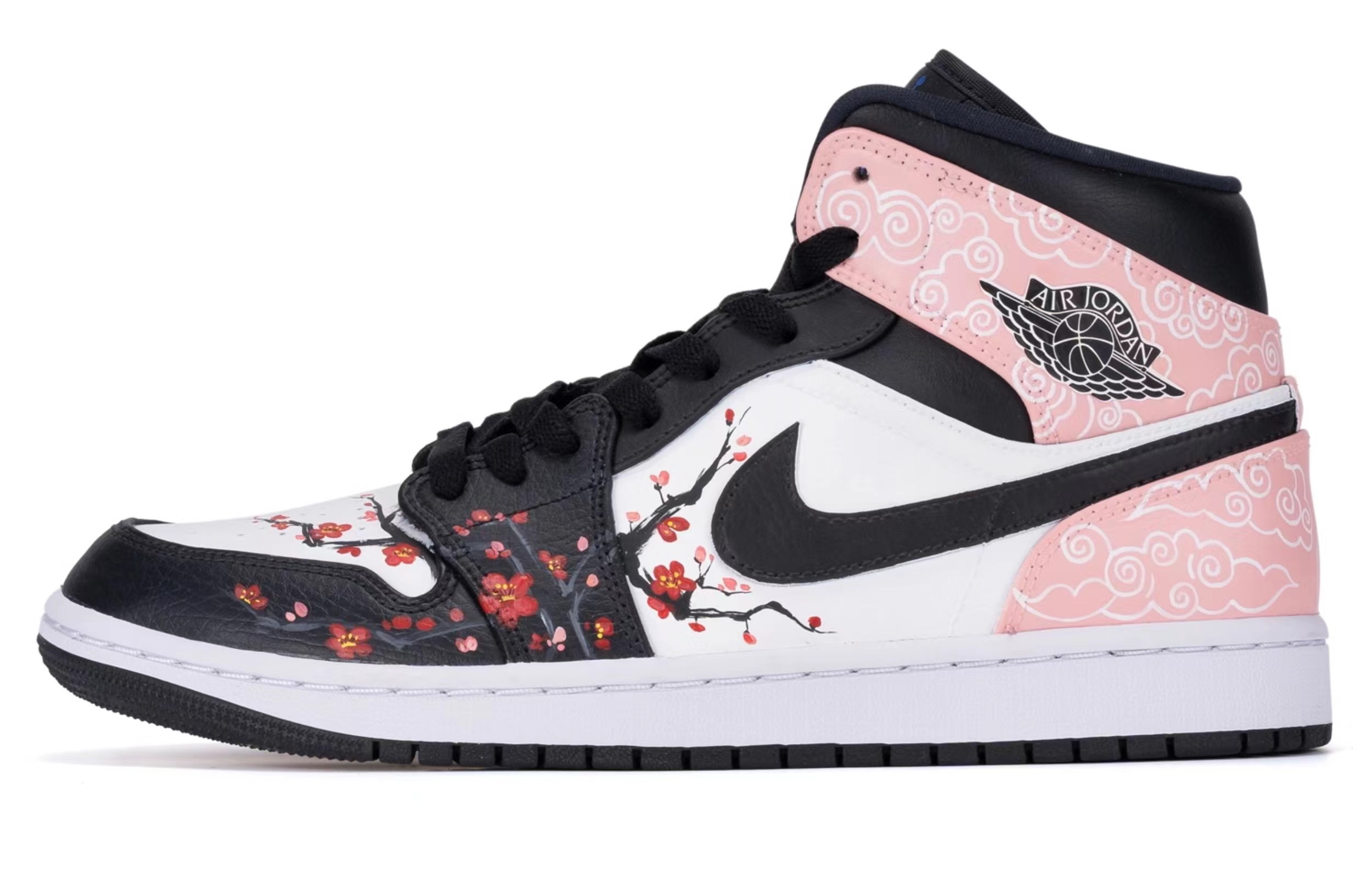 Buy [Kasut Custom] Air Jordan 1 Mid 'Hyper Royal Plum Blossom Brocade' 554724-077(TeamR-男款梅花云锦黑白鸳鸯)
