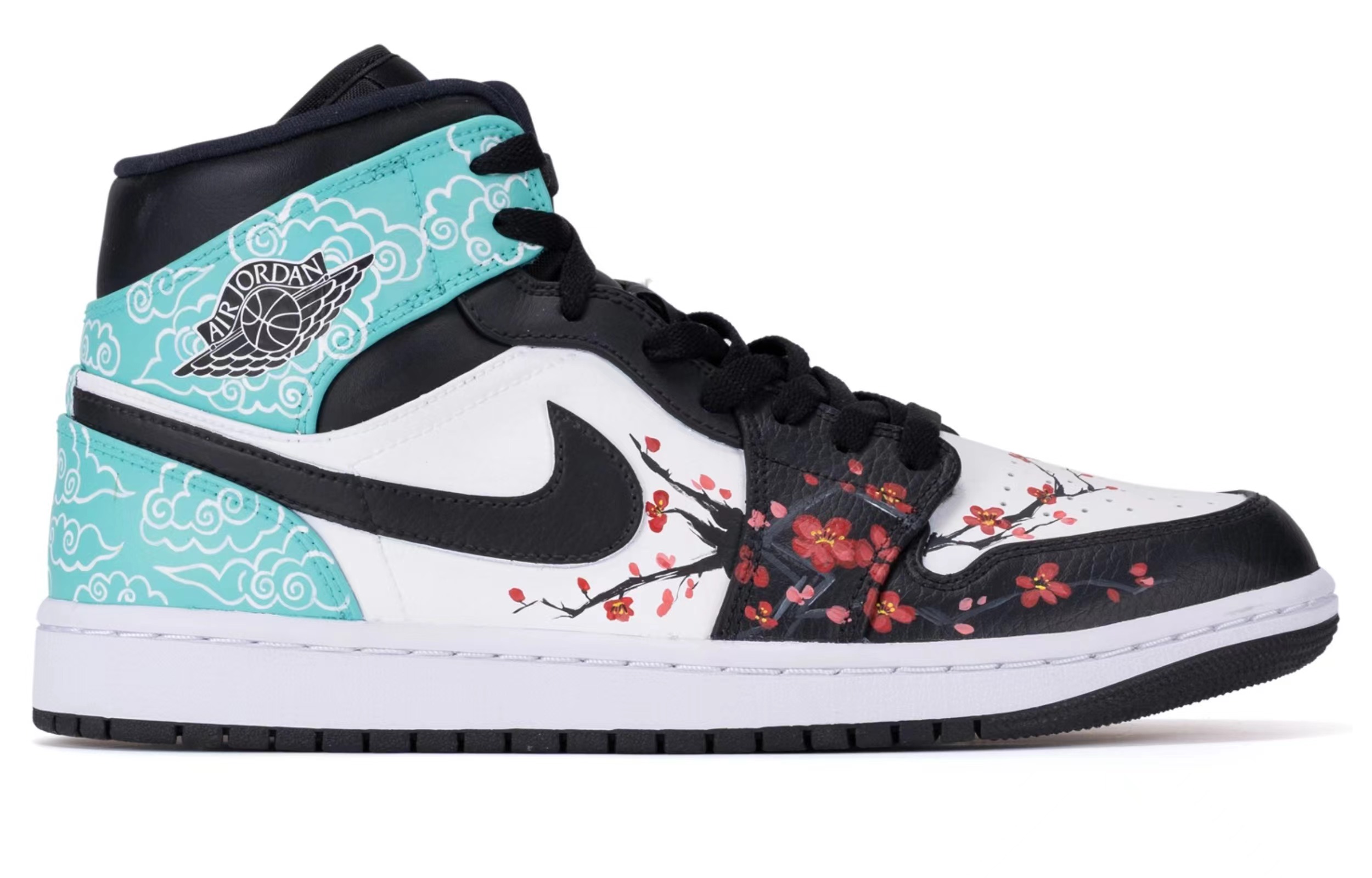 Order [Kasut Custom] Air Jordan 1 Mid 'Hyper Royal Plum Blossom Brocade' 554724-077(TeamR-男款梅花云锦黑白鸳鸯)