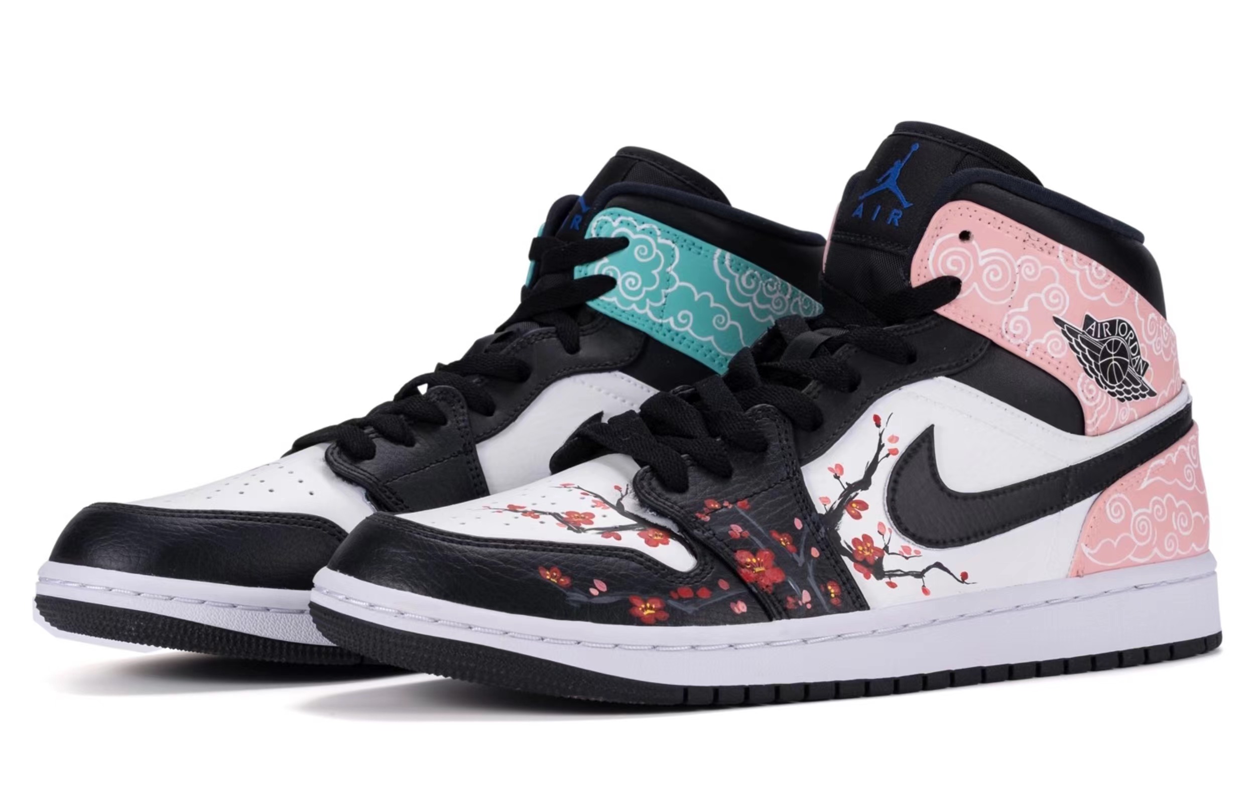 Lookbook [Kasut Custom] Air Jordan 1 Mid 'Hyper Royal Plum Blossom Brocade' 554724-077(TeamR-男款梅花云锦黑白鸳鸯)