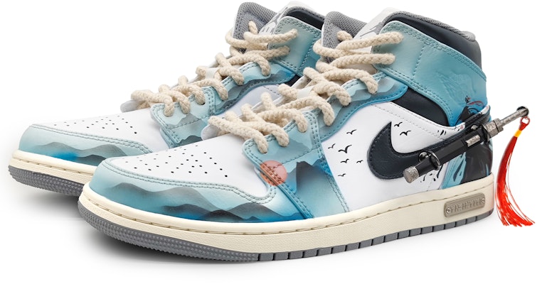 【客製化籃球鞋】 Jordan Air Jordan 1 Mid 寒江孤影 俠客江湖 故人 配劍 可拆卸 國風 中筒 復古籃球鞋 男款 水墨青 Lookbook 【客製化籃球鞋】 Jordan Air Jordan 1 Mid 寒江孤影 俠客江湖 故人 配劍 可拆卸 國風 中筒 復古籃球鞋 男款 水墨青