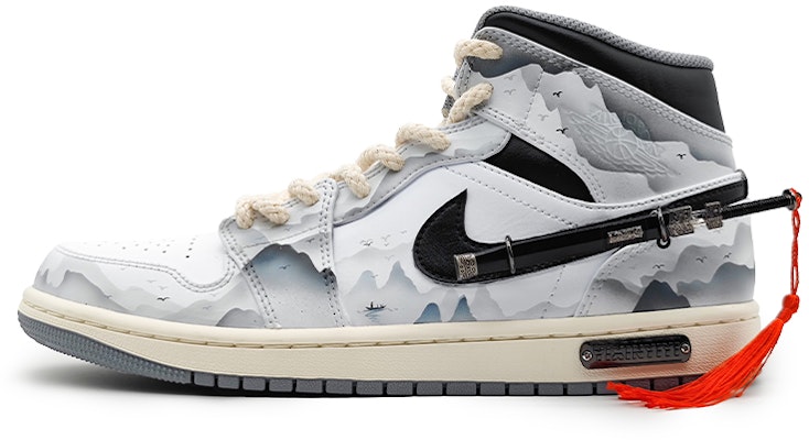 【定製球鞋】 Jordan Air Jordan 1 Mid 寒江孤影 配劍 可拆卸 水墨江南 江湖古風 低幫 復古籃球鞋 男款 黑白灰 Buy 【定製球鞋】 Jordan Air Jordan 1 Mid 寒江孤影 配劍 可拆卸 水墨江南 江湖古風 低幫 復古籃球鞋 男款 黑白灰