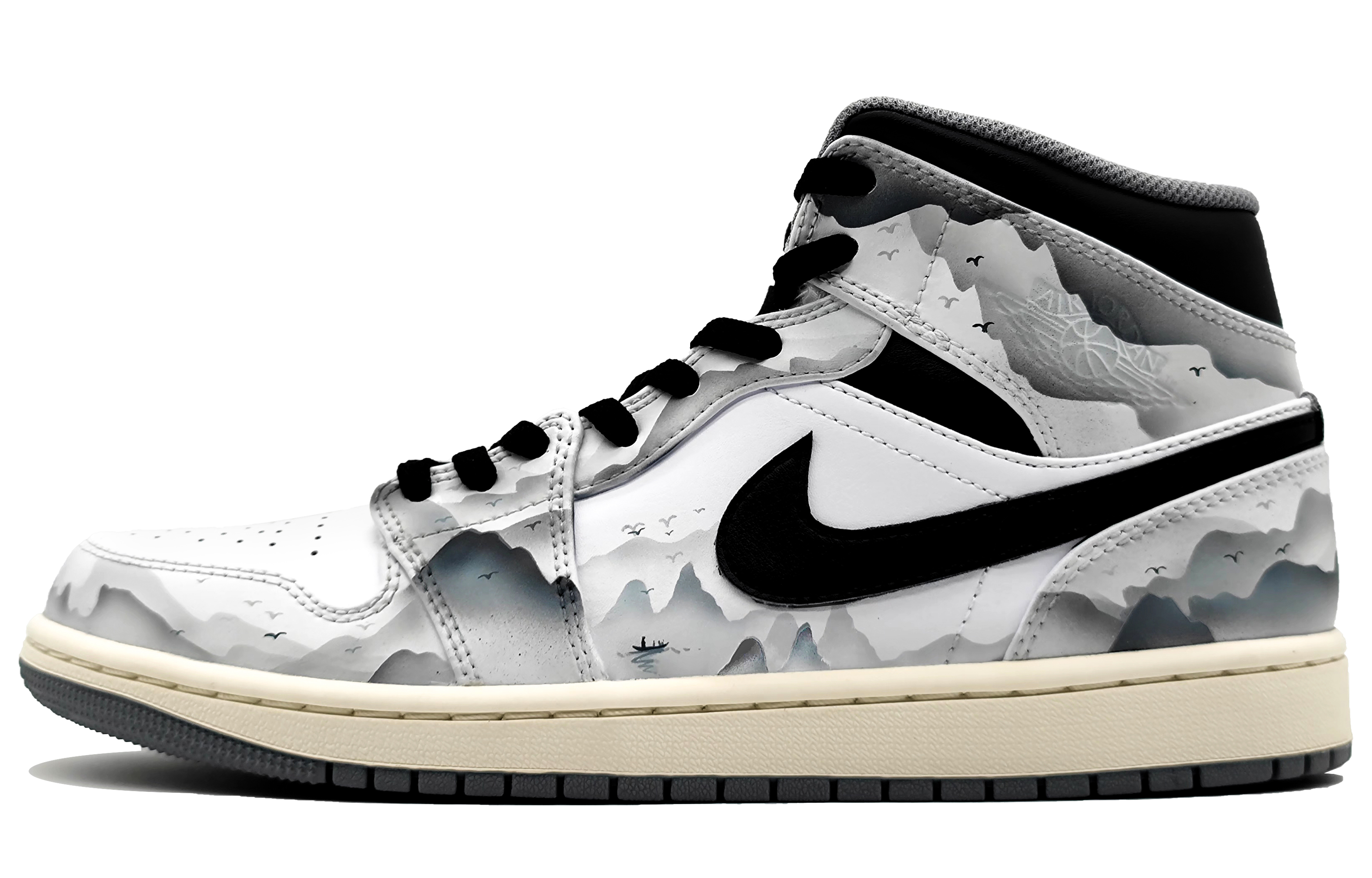 Buy カスタムAJ1 MID インクウォッシュ 黒白灰 554724-135(Team16-男款江湖孤影)