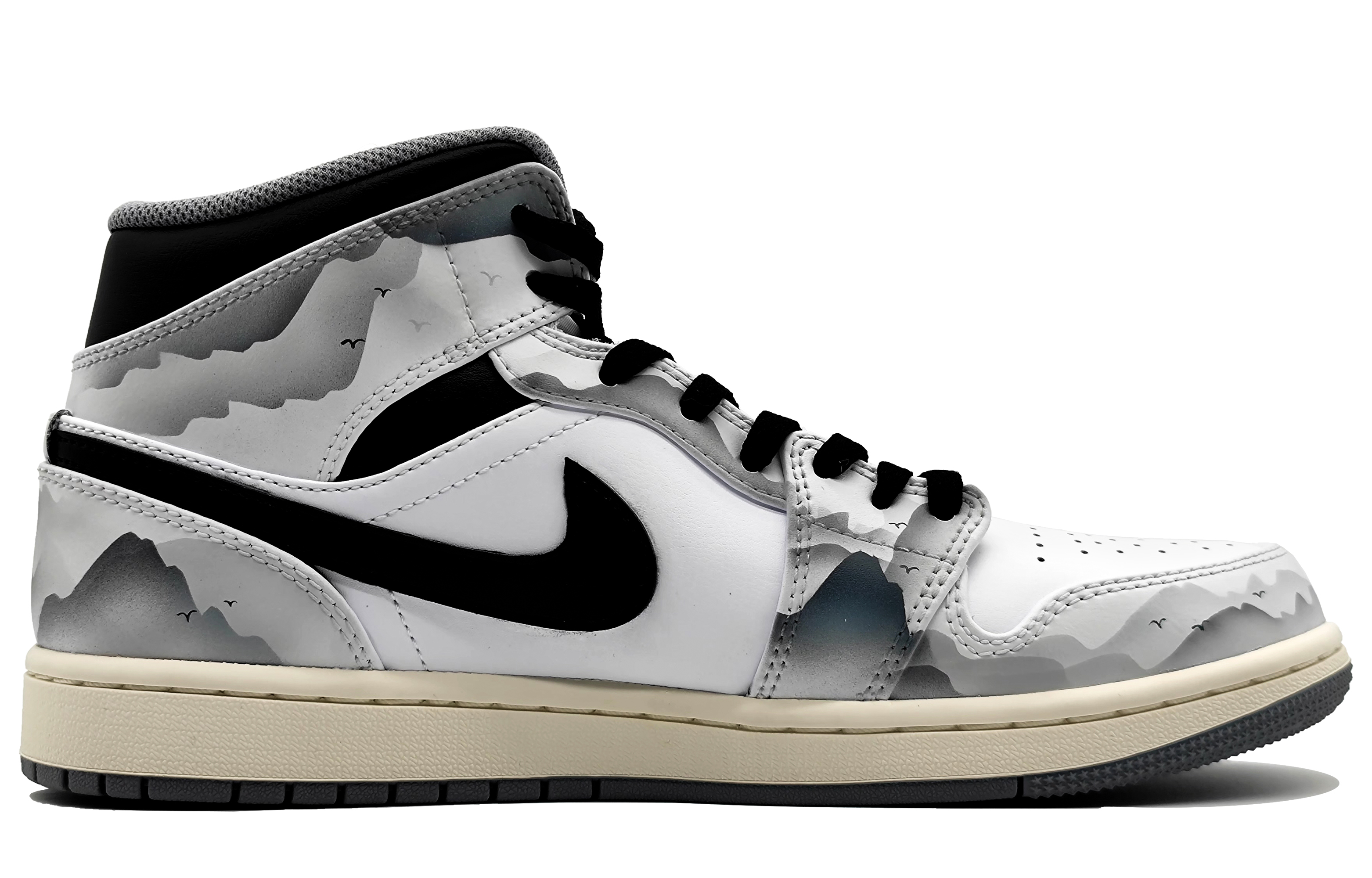 Order カスタムAJ1 MID インクウォッシュ 黒白灰 554724-135(Team16-男款江湖孤影)