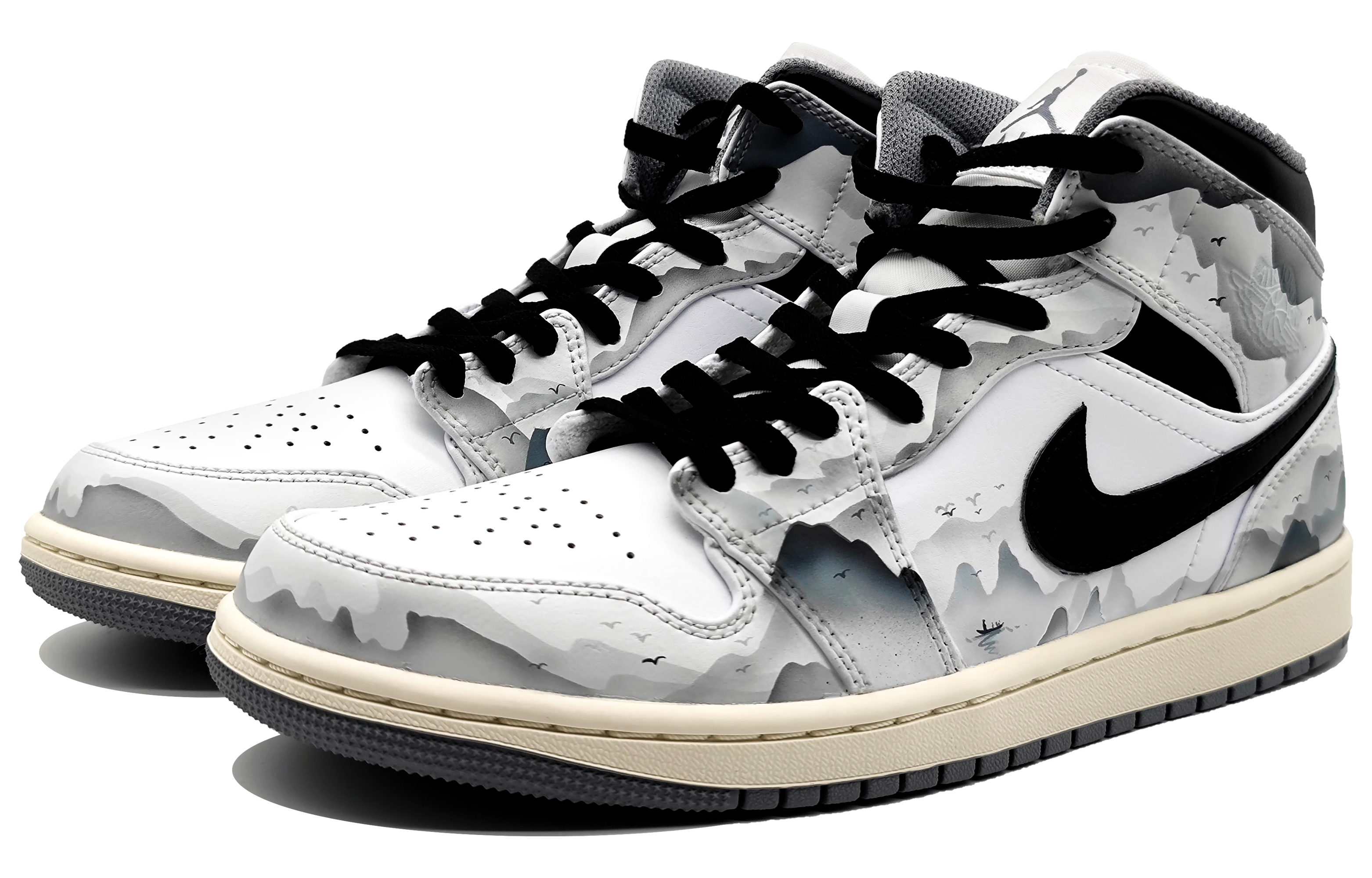 Lookbook カスタムAJ1 MID インクウォッシュ 黒白灰 554724-135(Team16-男款江湖孤影)