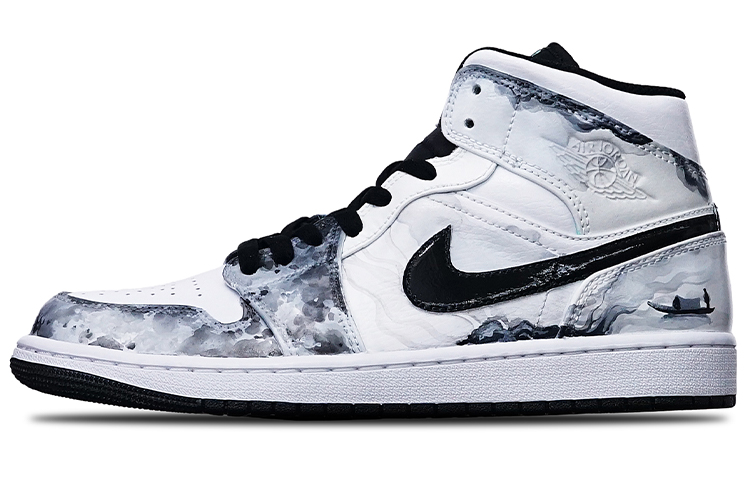 Buy [定制鞋] Air Jordan 1 Mid '岛屿绿墨渔夫' 554724-132(Teamone-男款水墨渔舟黑白灰Z)