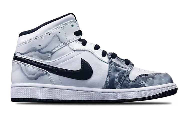 Order [Sepatu Custom] Air Jordan 1 Mid 'Island Green Ink Perahu Memancing' 554725-132(Teamone-女款国潮水墨渔舟Z)