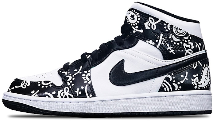 【定制球鞋】Jordan Air Jordan 1 Mid Island Green Vibe風格 手繪噴繪腰果花 潮男節主題 中幫 復古籃球鞋 GS 黑白 Buy 【定制球鞋】Jordan Air Jordan 1 Mid Island Green Vibe風格 手繪噴繪腰果花 潮男節主題 中幫 復古籃球鞋 GS 黑白