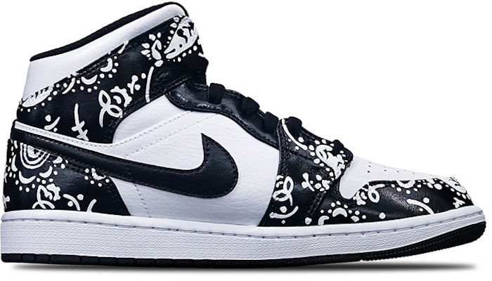 【定制球鞋】Jordan Air Jordan 1 Mid Island Green Vibe風格 手繪噴繪腰果花 潮男節主題 中幫 復古籃球鞋 GS 黑白 Order 【定制球鞋】Jordan Air Jordan 1 Mid Island Green Vibe風格 手繪噴繪腰果花 潮男節主題 中幫 復古籃球鞋 GS 黑白