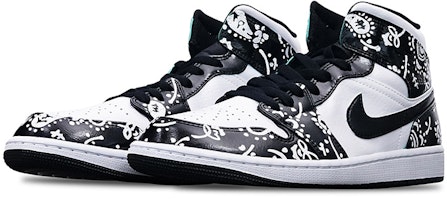 【定制球鞋】Jordan Air Jordan 1 Mid Island Green Vibe風格 手繪噴繪腰果花 潮男節主題 中幫 復古籃球鞋 男款 黑白 Lookbook 【定制球鞋】Jordan Air Jordan 1 Mid Island Green Vibe風格 手繪噴繪腰果花 潮男節主題 中幫 復古籃球鞋 男款 黑白