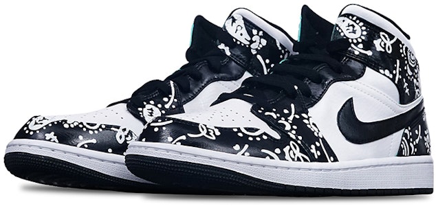 【定制球鞋】Jordan Air Jordan 1 Mid Island Green Vibe風格 手繪噴繪腰果花 潮男節主題 中幫 復古籃球鞋 GS 黑白 Lookbook 【定制球鞋】Jordan Air Jordan 1 Mid Island Green Vibe風格 手繪噴繪腰果花 潮男節主題 中幫 復古籃球鞋 GS 黑白