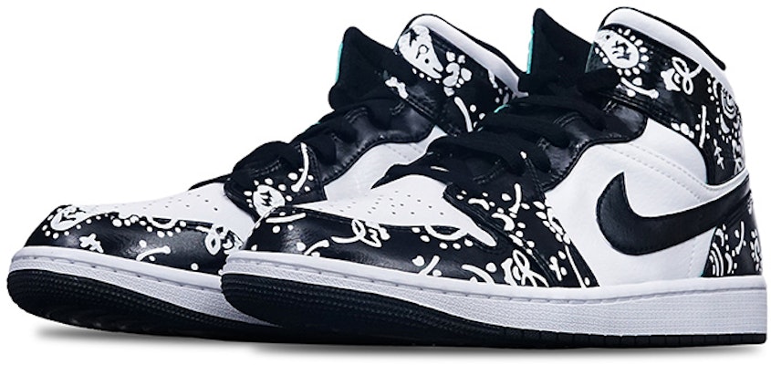 【定制球鞋】Jordan Air Jordan 1 Mid Island Green Vibe風格 手繪噴繪腰果花 潮男節主題 中幫 復古籃球鞋 GS 黑白 Lookbook 【定制球鞋】Jordan Air Jordan 1 Mid Island Green Vibe風格 手繪噴繪腰果花 潮男節主題 中幫 復古籃球鞋 GS 黑白