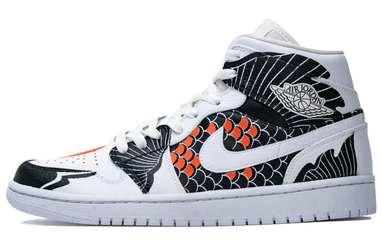 Buy [定制鞋款] Air Jordan 1 Mid '锦鲤阴阳 - 雕刻鱼鳞' 554724-130(TeamB-喷绘皮革贴合红黑白)