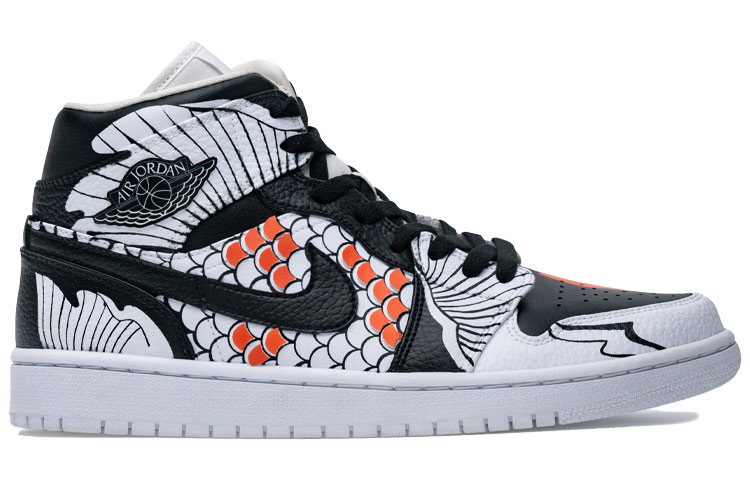 Order [定制鞋款] Air Jordan 1 Mid '锦鲤阴阳 - 雕刻鱼鳞' 554724-130(TeamB-喷绘皮革贴合红黑白)