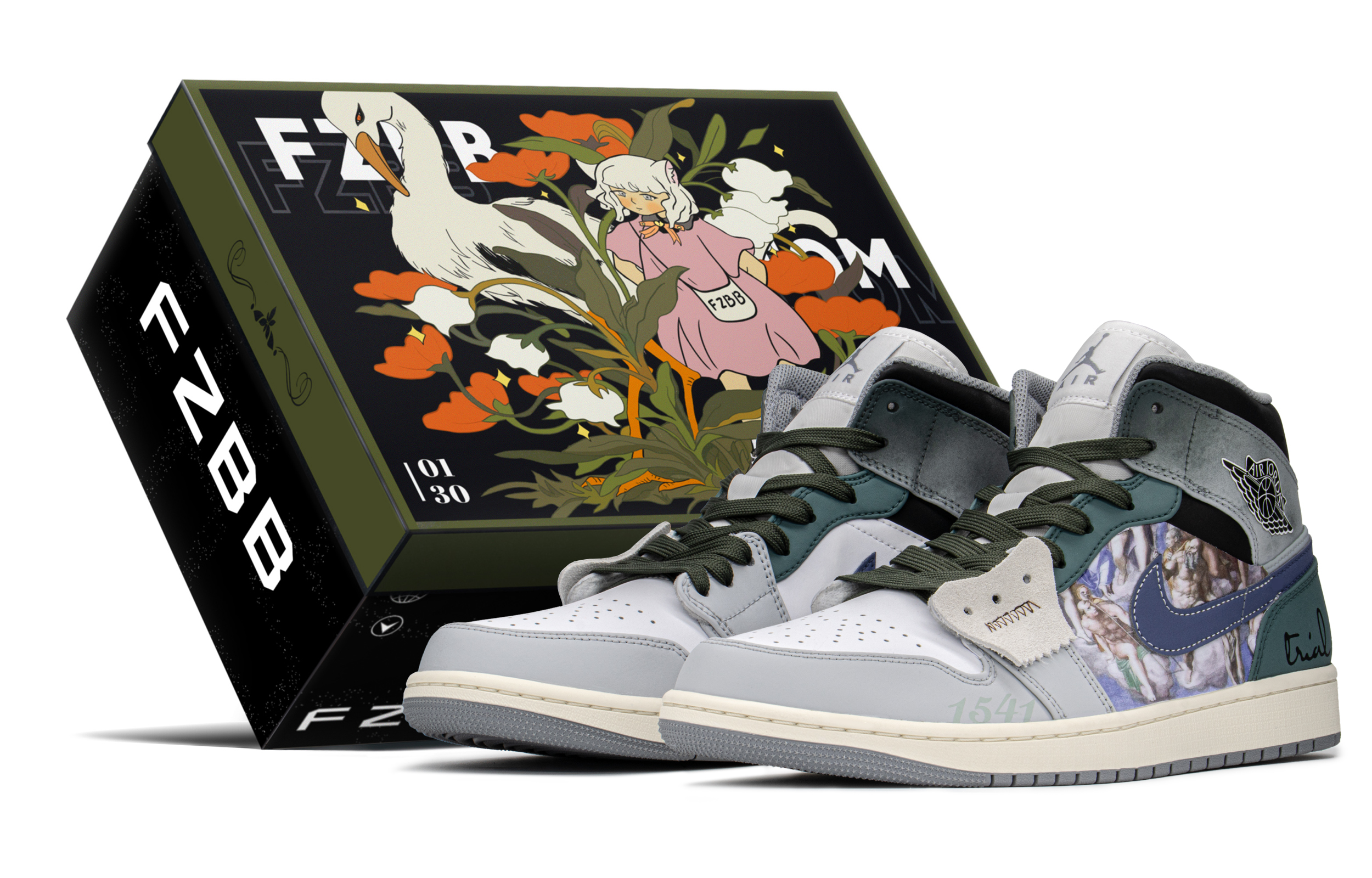 Buy 【定制球鞋】Jordan Air Jordan 1 Mid FZBB 特殊禮盒 解構 最後審判 中幫 復古籃球鞋 男款 藍綠灰