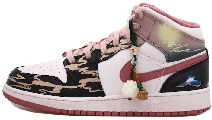 【定制球鞋】Jordan Air Jordan 1 mid OKHR 喜鵲 彩雲 掛飾 中國風 做舊 中幫 復古籃球鞋 GS 黑金粉 Order 【定制球鞋】Jordan Air Jordan 1 mid OKHR 喜鵲 彩雲 掛飾 中國風 做舊 中幫 復古籃球鞋 GS 黑金粉