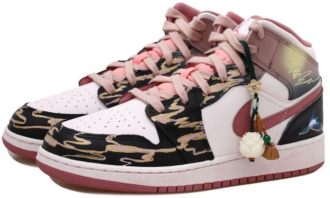 【定制球鞋】Jordan Air Jordan 1 mid OKHR 喜鵲 彩雲 掛飾 中國風 做舊 中幫 復古籃球鞋 GS 黑金粉 Shop 【定制球鞋】Jordan Air Jordan 1 mid OKHR 喜鵲 彩雲 掛飾 中國風 做舊 中幫 復古籃球鞋 GS 黑金粉