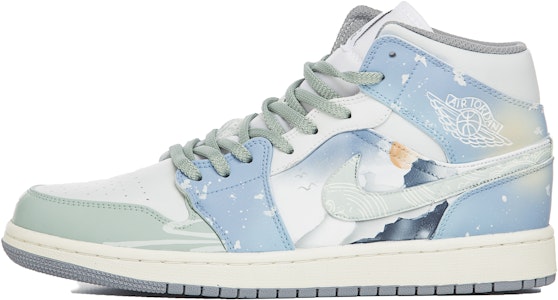 【定制球鞋】Jordan Air Jordan 1 Mid 山野日出 泼墨 晕染 國風 中幫 復古籃球鞋 男款 白藍 Buy 【定制球鞋】Jordan Air Jordan 1 Mid 山野日出 泼墨 晕染 國風 中幫 復古籃球鞋 男款 白藍
