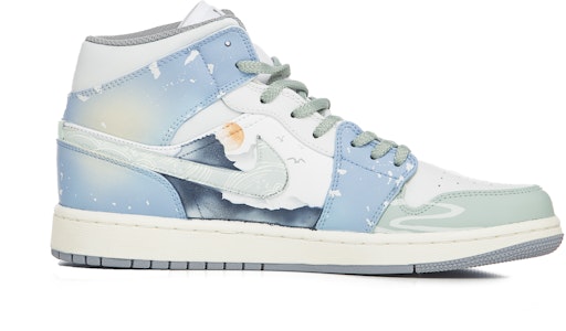 【定制球鞋】Jordan Air Jordan 1 Mid 山野日出 泼墨 晕染 國風 中幫 復古籃球鞋 男款 白藍 Order 【定制球鞋】Jordan Air Jordan 1 Mid 山野日出 泼墨 晕染 國風 中幫 復古籃球鞋 男款 白藍