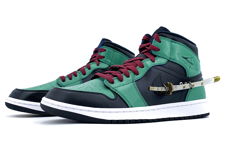 Lookbook [Kasut Custom] Air Jordan 1 Mid 'One Piece Zoro Hijau Putih Custom' 554724-077(Team-K男女款动漫佩剑海贼王索隆)