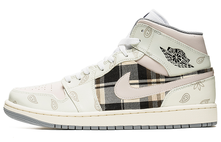 Buy 【定制球鞋】Jordan Air Jordan 1 Mid 野鶴製造 腰果花 格紋 貼布 中幫 復古籃球鞋 男款 米白