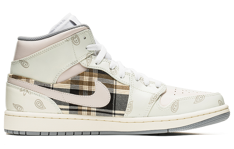 Order 【定制球鞋】Jordan Air Jordan 1 Mid 野鶴製造 腰果花 格紋 貼布 中幫 復古籃球鞋 男款 米白