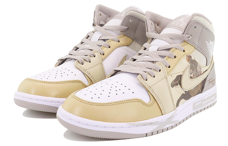 Lookbook 【定制球鞋】 Jordan Air Jordan 1 Mid 金戈鐵馬 馬上江湖 中幫 復古籃球鞋 男款 淺骨色 麻布 奶油